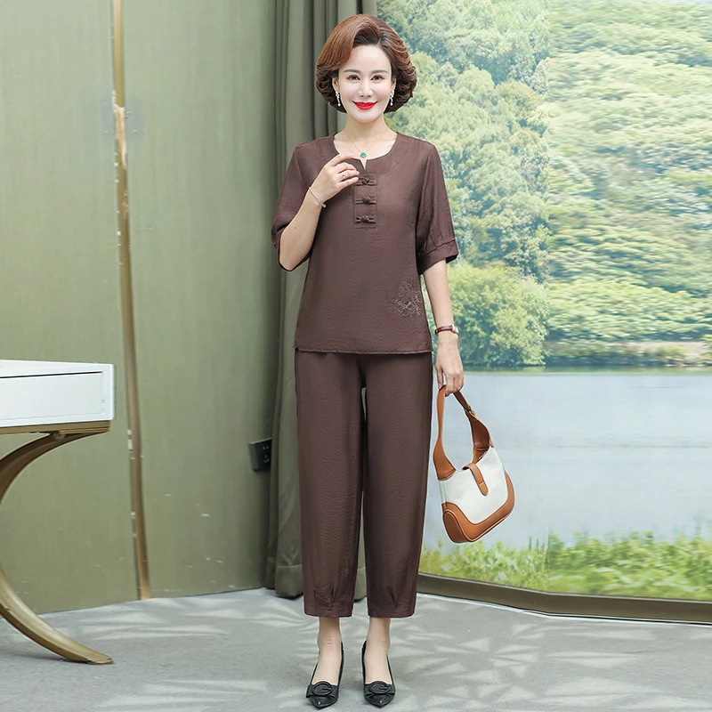 妈妈夏装仿棉麻短袖套装2025新款洋气中老年女装夏季薄款两件套宽