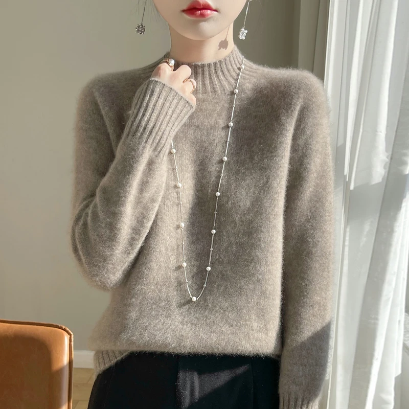 100%纯羊毛#重磅加厚 半高领纯色宽松无缝一体针织打底衫 M030