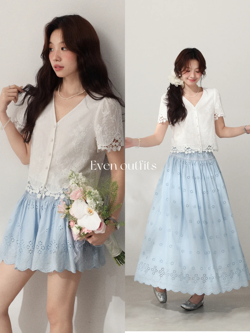 Even一雯【勿忘我】韩系高智感镂空绣花松紧腰短裙带安全裤