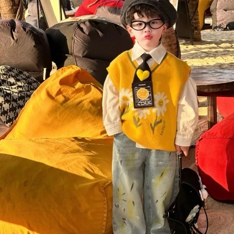 韩版春秋常规男针织印花外穿休闲套装洋气秋季外套冬季时尚无袖