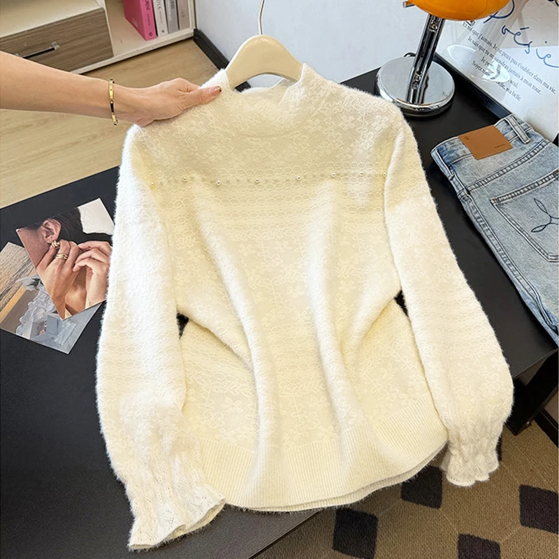 法式钉珠提花半高领针织打底衫女内搭上衣冬季洋气百搭加厚毛衣