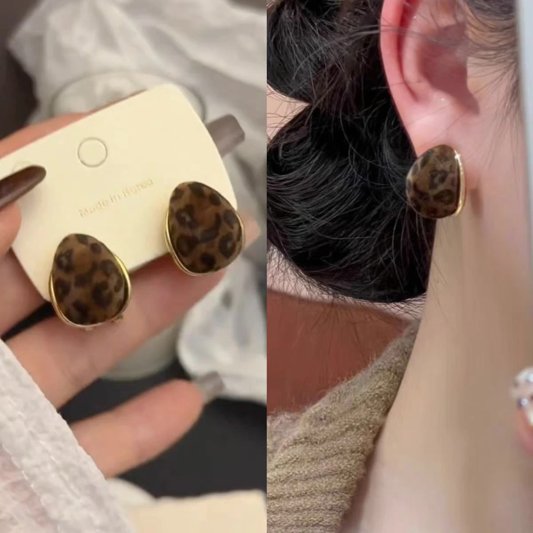 铜合金耳饰 【豹纹耳扣】秋冬复古美拉德水滴豹纹植绒耳扣耳饰 S74