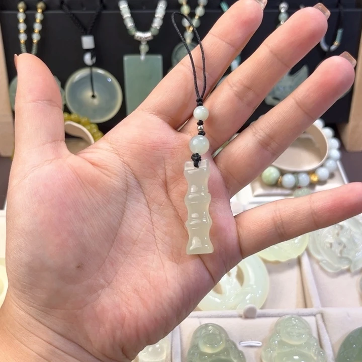 未镶嵌蛇纹石玉车挂竹节钥匙链