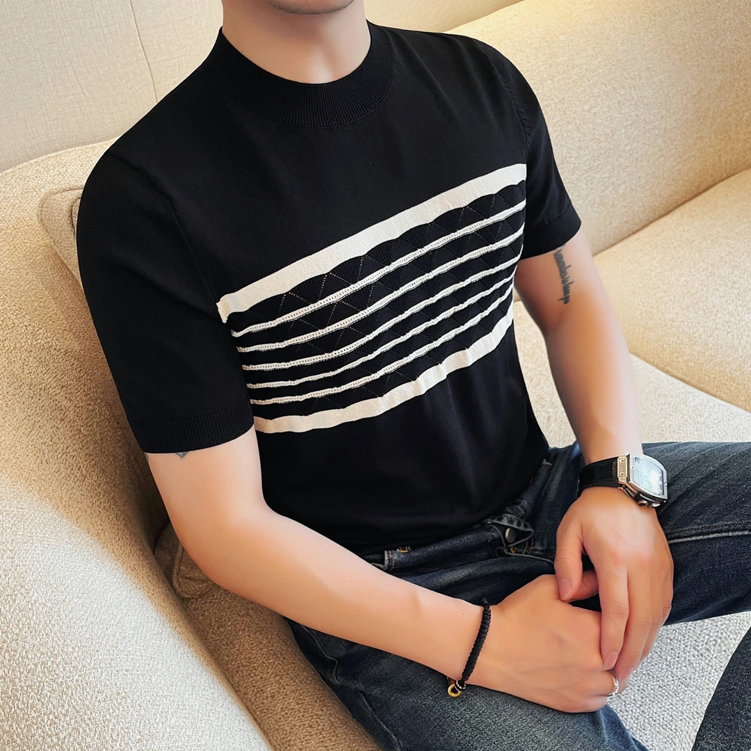 夏季新款男士休闲体恤衫圆领条纹T恤时尚针织半袖t恤薄款拼接