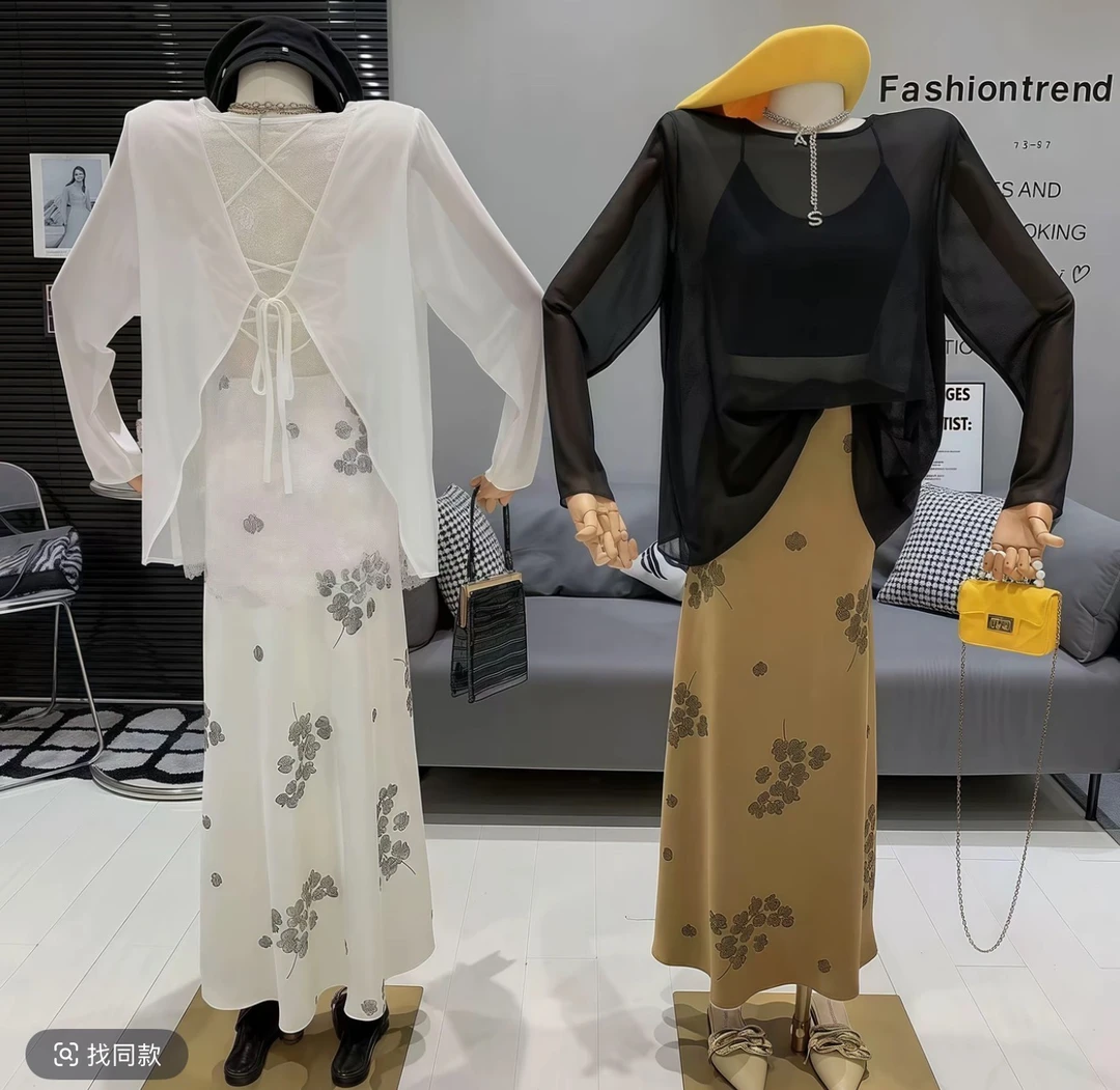 鑫花家法式轻奢风蕾丝拼接绑带上衣吊带高腰半身裙三件套70550