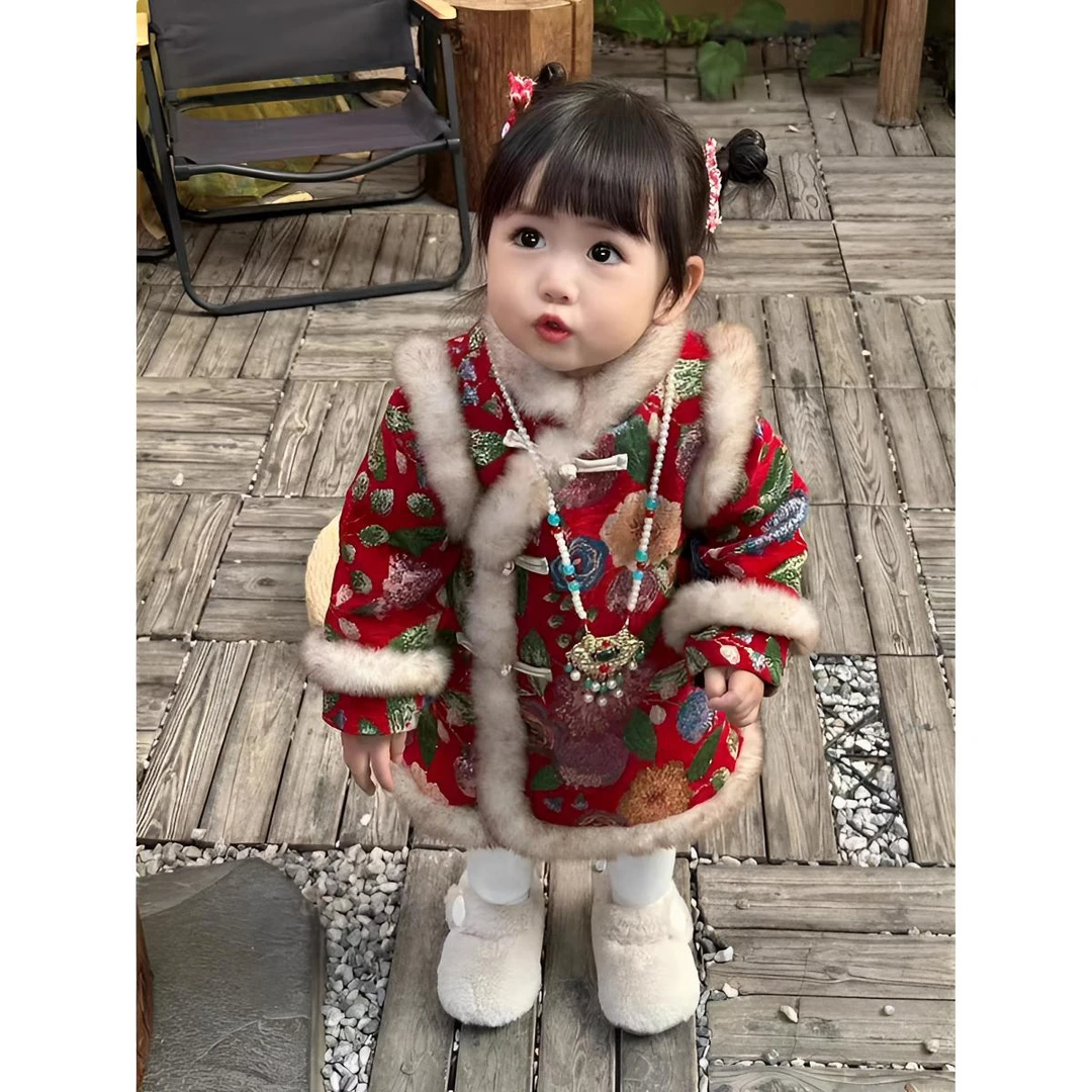 汉服女童冬装中国新款加绒拜年唐装儿童宝宝加厚旗袍过年冬季外套