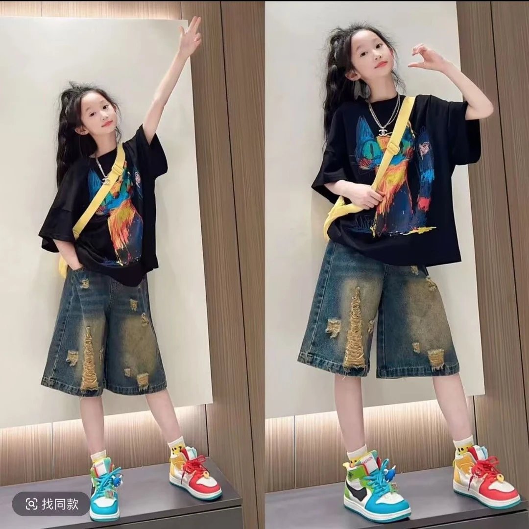 女童女童夏装牛仔短裤美式潮酷范儿短袖上衣休闲裤子2025夏季潮酷