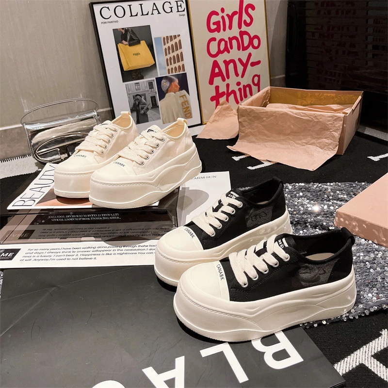 YX厚底帆布鞋女夏季2025新款韩版冰丝网面小白鞋百搭休闲松糕板鞋