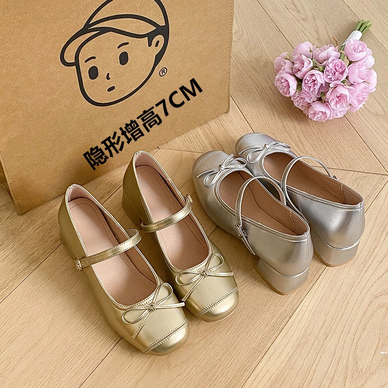 小个子内增高7CM蝴蝶结玛丽珍单鞋女春夏新浅口粗跟高跟鞋