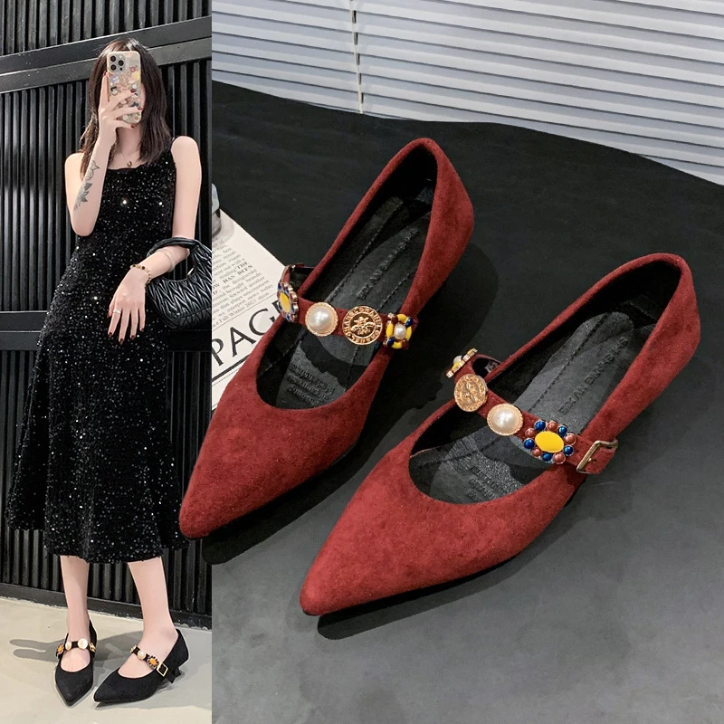 法式尖头浅口单鞋高跟鞋女2025新款春秋复古绒面玛丽珍女鞋配裙子