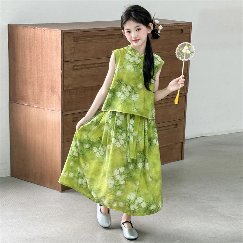 女童绿色国风新中式儿童背心半身裙套装夏季2025新款中大童唐装潮