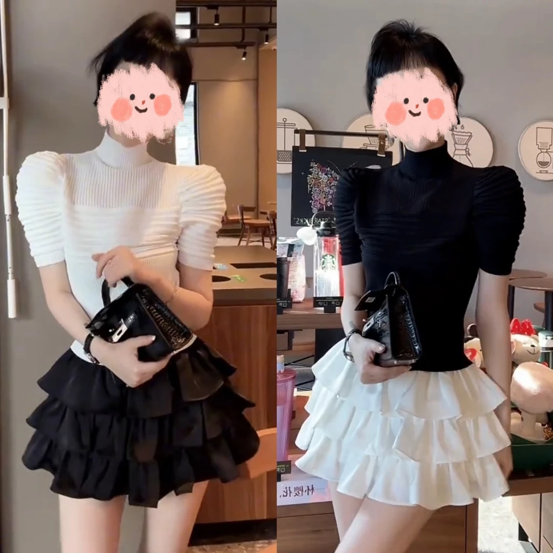 新款法式泡泡袖女修身洋气短款半高领上衣+短款时尚设计感蛋糕裙