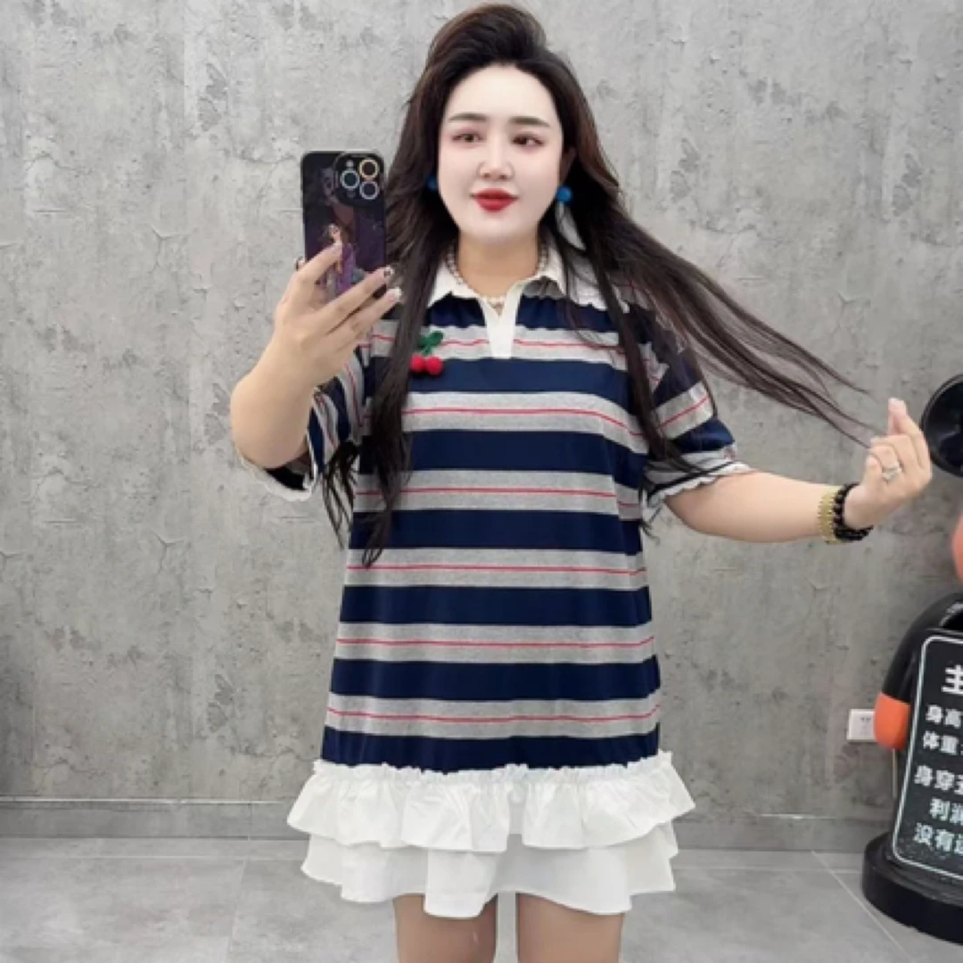 欧货半开翻领下摆条纹宽松拼接T恤连衣裙