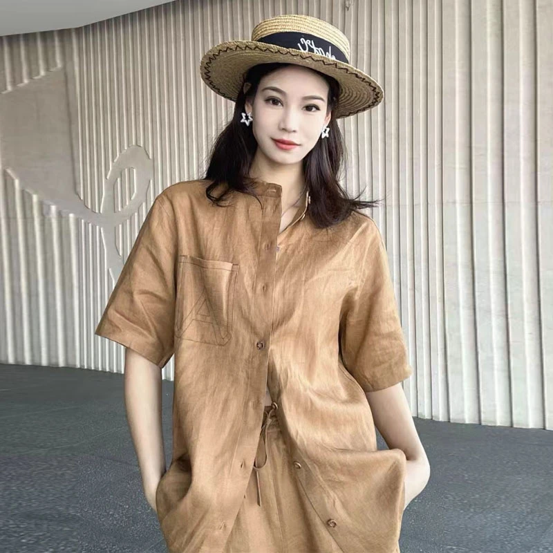 【商场同款】春夏季百搭复古宽松亚麻圆领半袖衬衫袁衣都舍530060