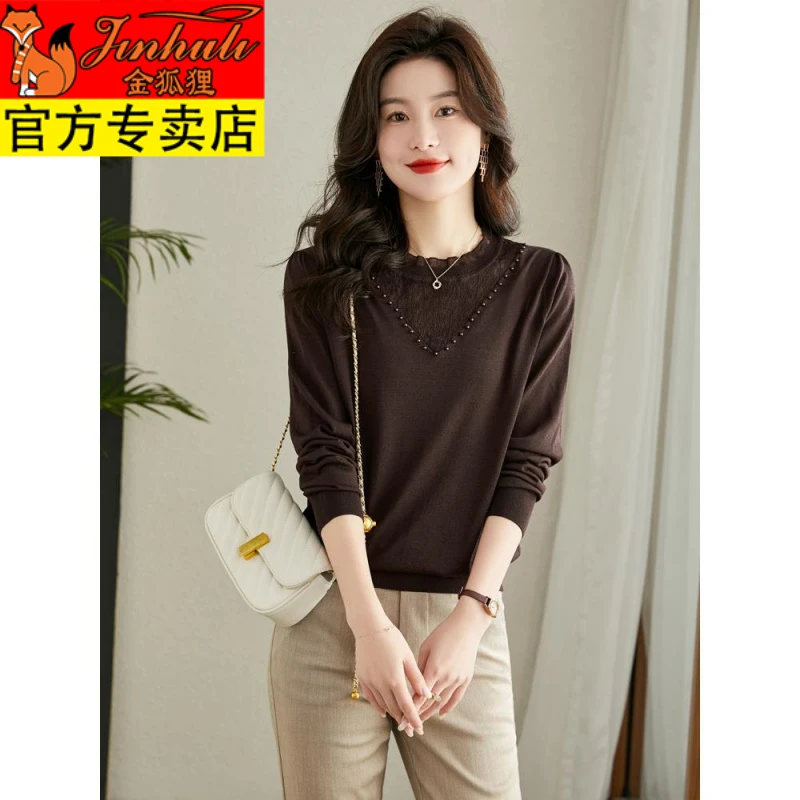 金狐狸蕾丝边针织衫上衣女短款套头宽松外穿薄款毛衣内搭洋气打底