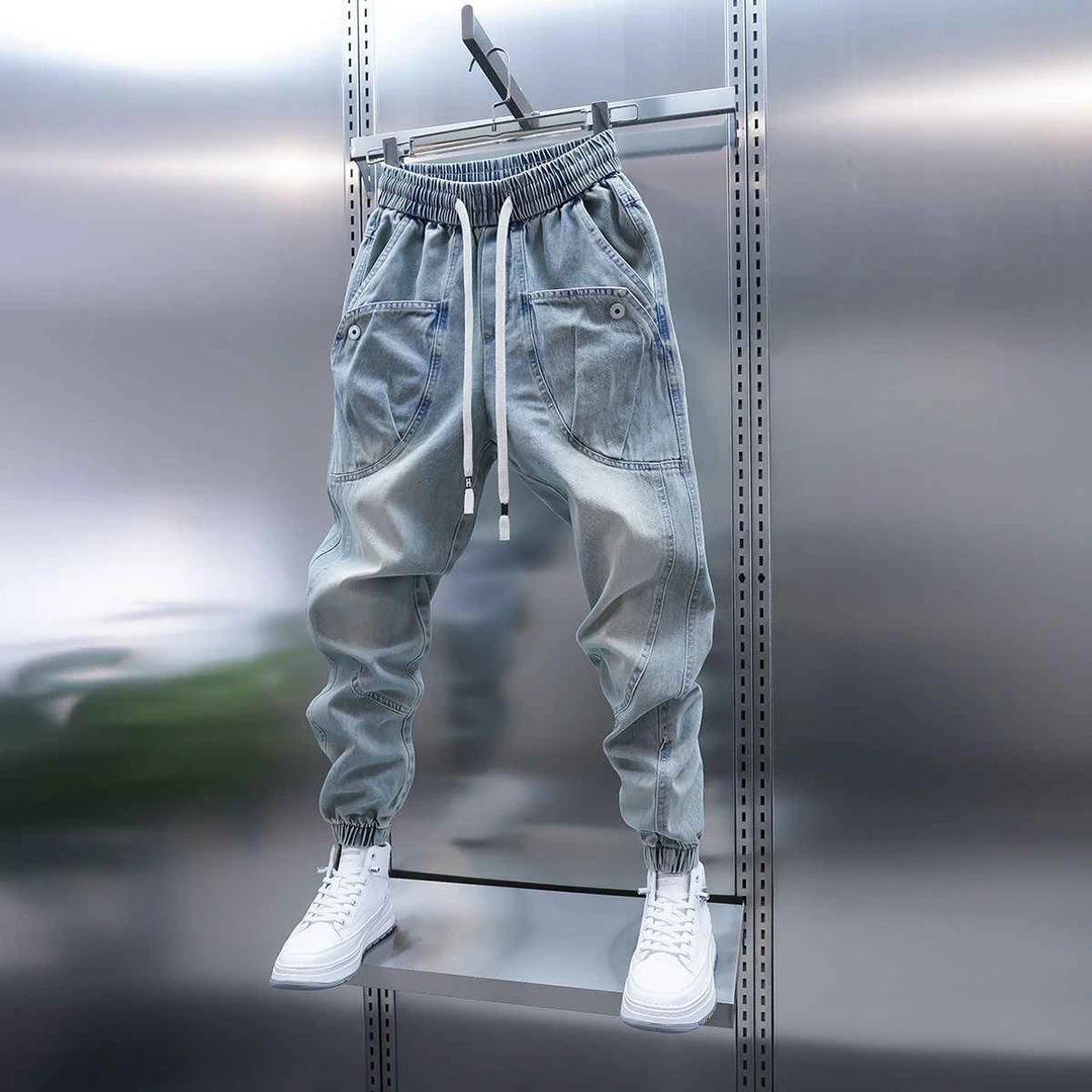 2025春季新款浅蓝色牛仔裤大口袋束脚休闲裤潮牌青少年小脚哈