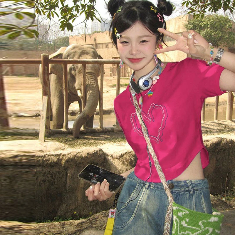 火龙果色正肩短袖T恤女夏季小众别致弧形下摆修身显瘦短款上衣服