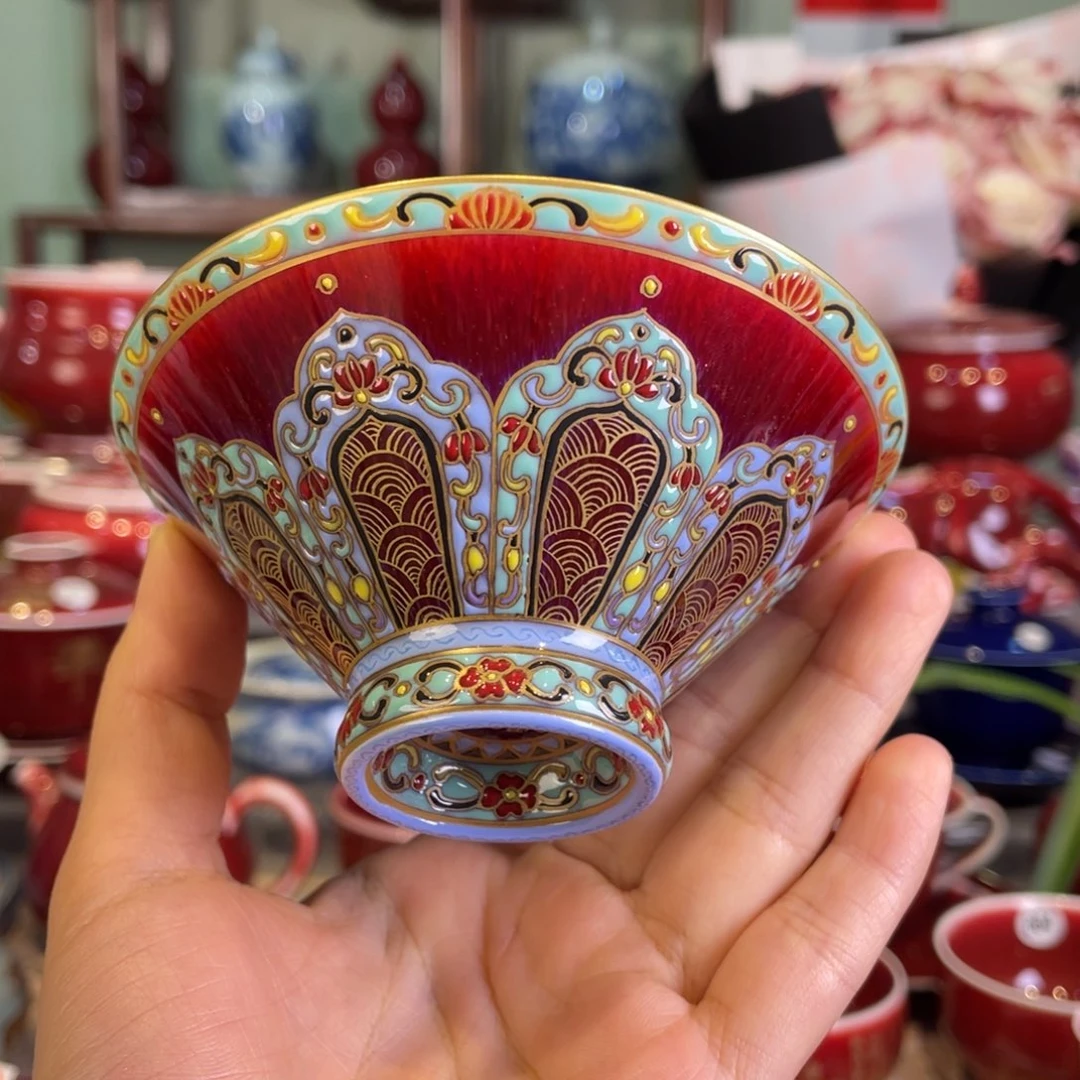 清欢雅玩原矿郎红珐琅彩斗笠杯