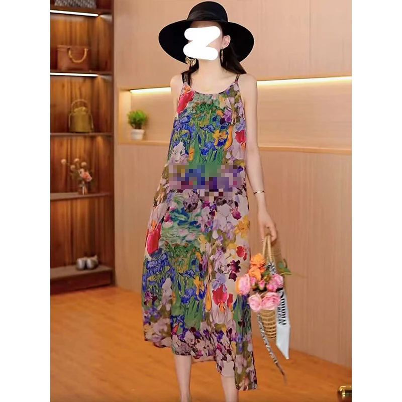 2025夏新款绝美别致油画连衣裙女法式气质遮肉显瘦无袖吊带a字裙
