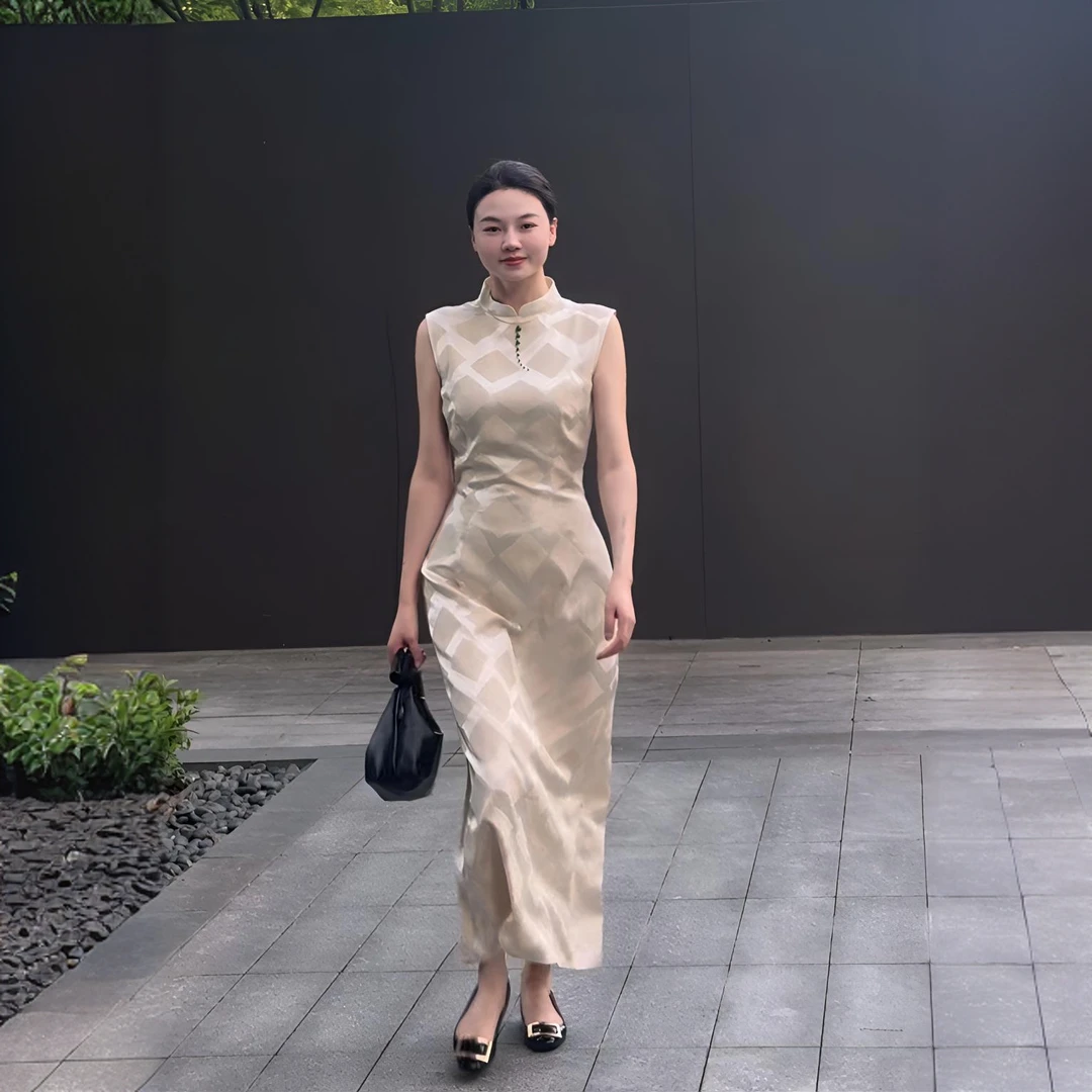 CSGL/【青瓷映夏】复古日常气质旗袍 长款无袖后开叉