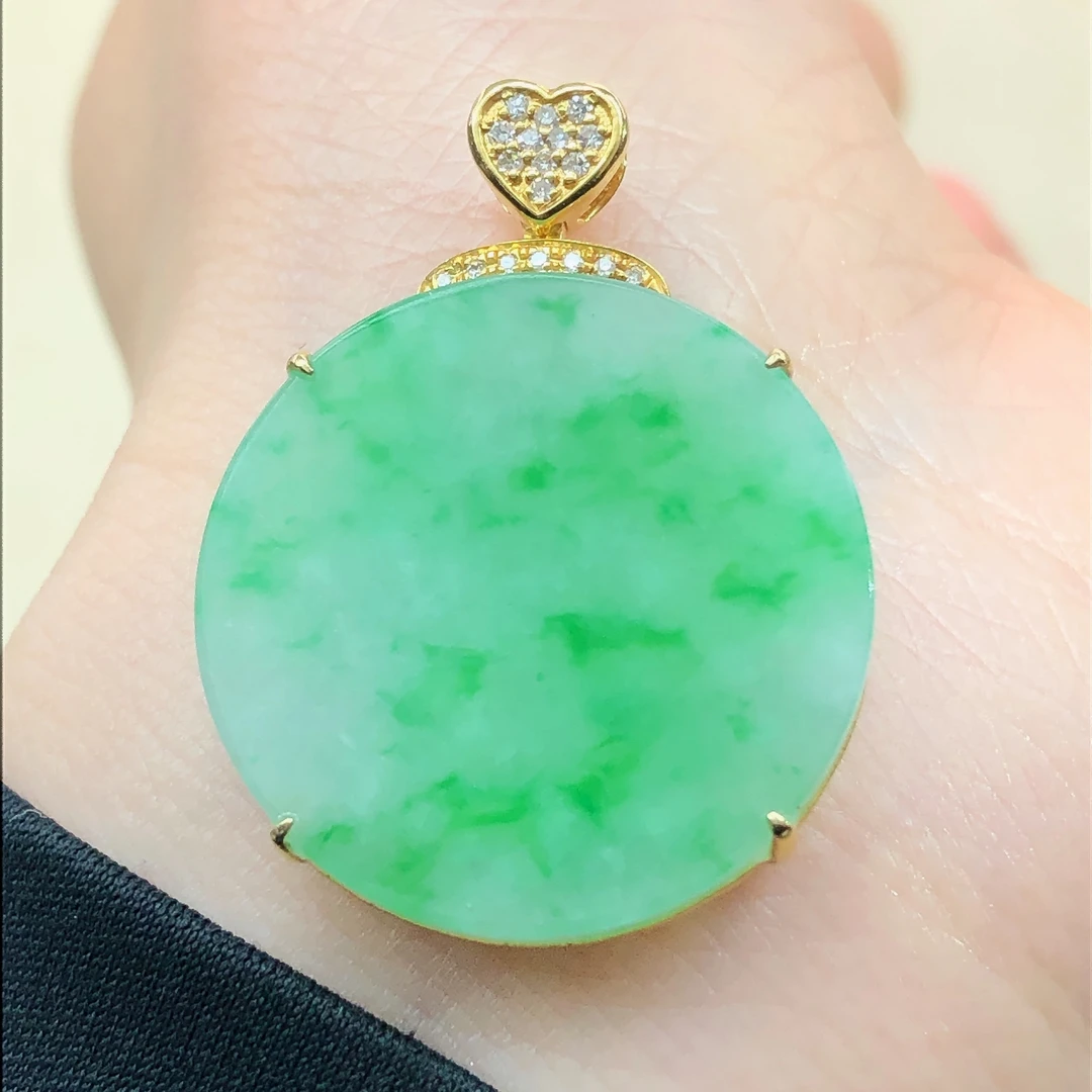 18k金镶嵌天然a货翡翠玉石冰种阳绿平安无事牌圆牌子吊坠直播11