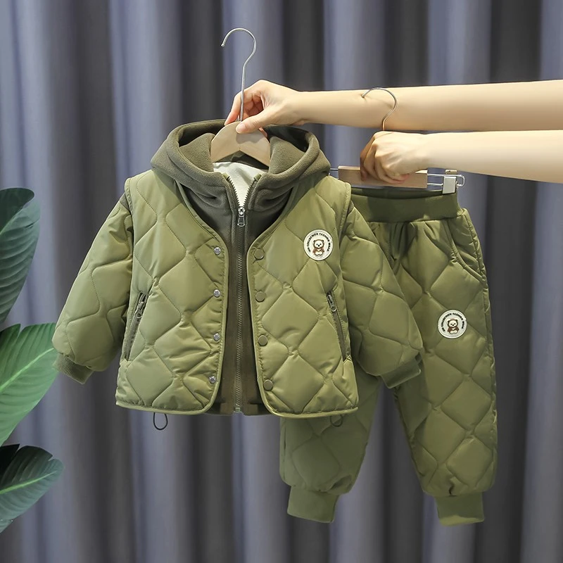 男童套装冬装新款洋气儿童加绒加厚马甲三件套中小童冬季帅气童装