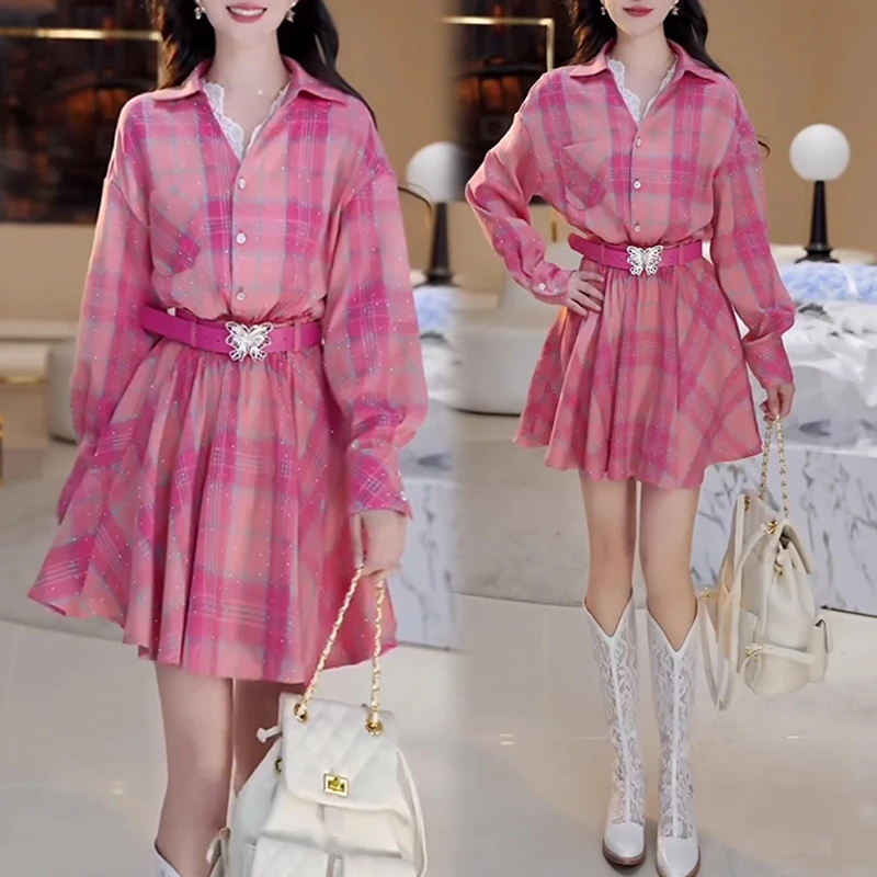 网红洋气炸街套装女2025春秋新款蝴蝶腰带披肩格纹长袖连衣裙套装