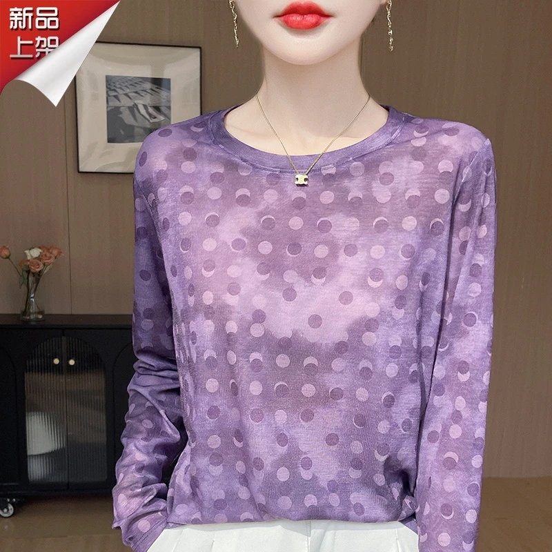 哥弟阿玛施正品春秋水墨蝴蝶印花圆领针织打底衫洋气宽松百搭上衣
