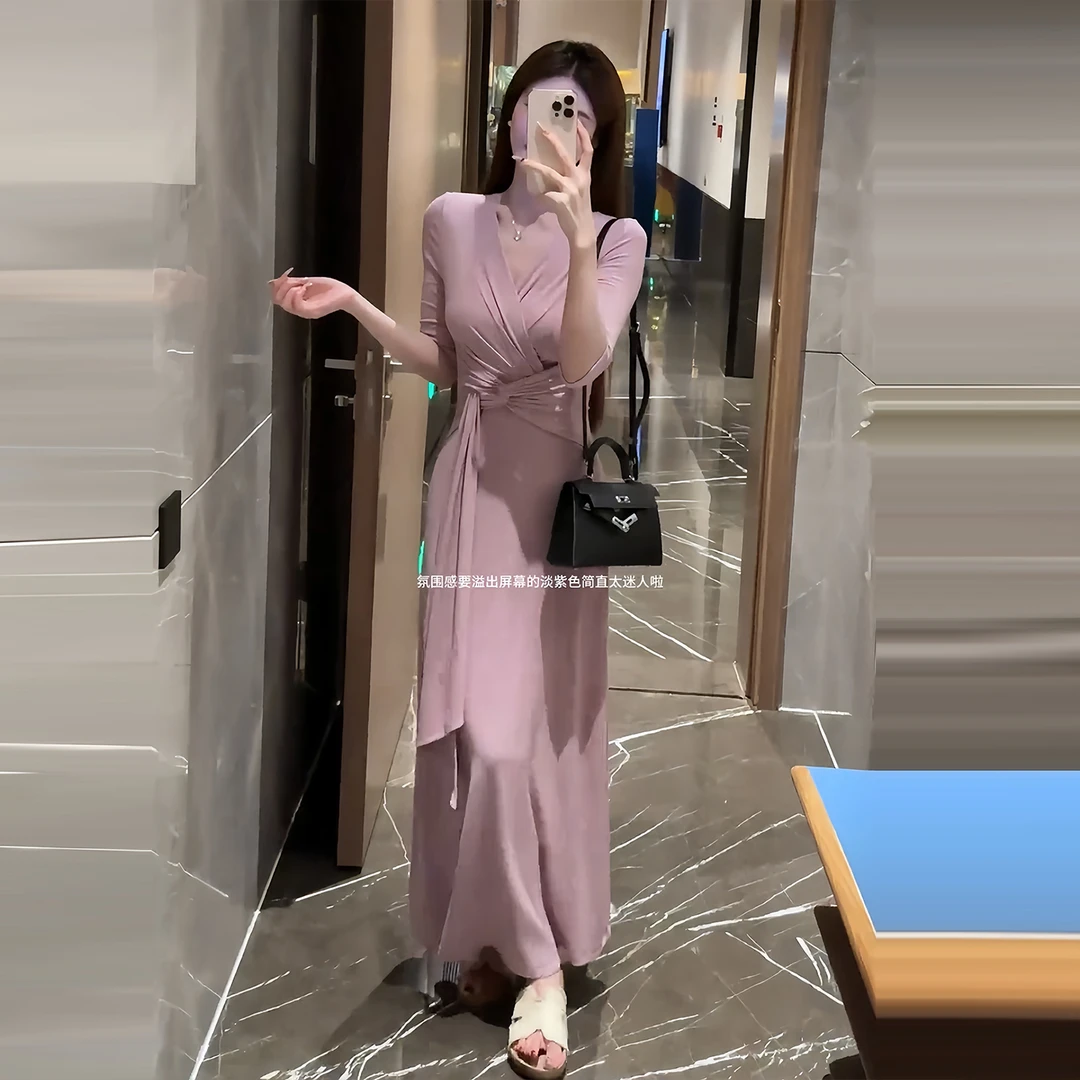 温柔又迷人~不规则收腰绑带长裙女复古性感V领扭结气质显瘦连衣裙