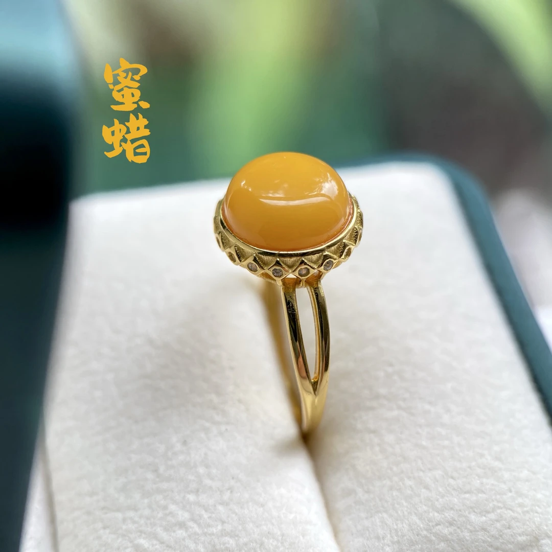 【羽芒】蜜蜡圆形戒指通体S925银镶蜜蜡圆面戒指复古戒指生日礼物