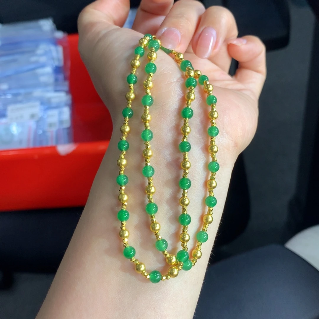 翡翠未镶嵌手链古法黄金，金玉满堂冰阳绿项链卡4.2-4.7