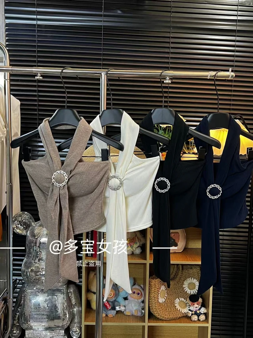 【多宝】纯欲感辣妹风甜辣挂脖系带钻圈抹胸背心女上衣5252