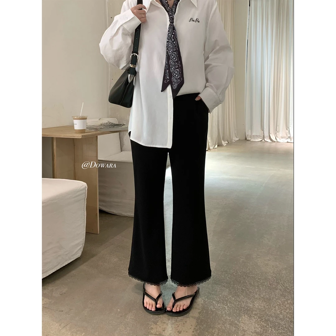 现货大婉酱微胖定制蕾丝拼接微喇九分瘦瘦裤春季垂感修身裤 6938D