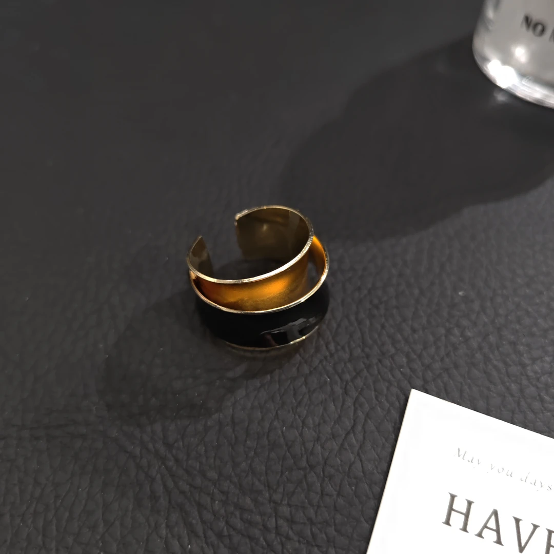 铜合金珐琅戒指 05508气质时尚金边黑色珐琅彩双层开口戒指