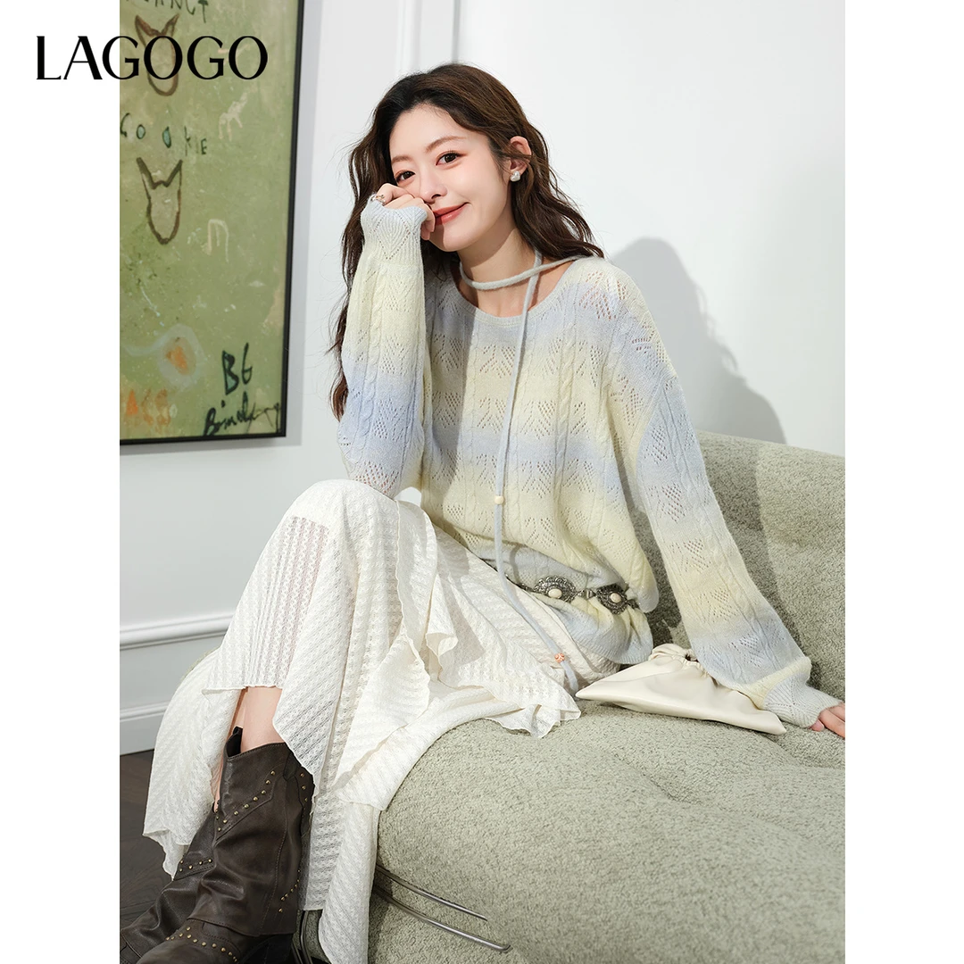 【晓薇】lagogo新款镂空亮丝设计感段染针织女OCMM477G01