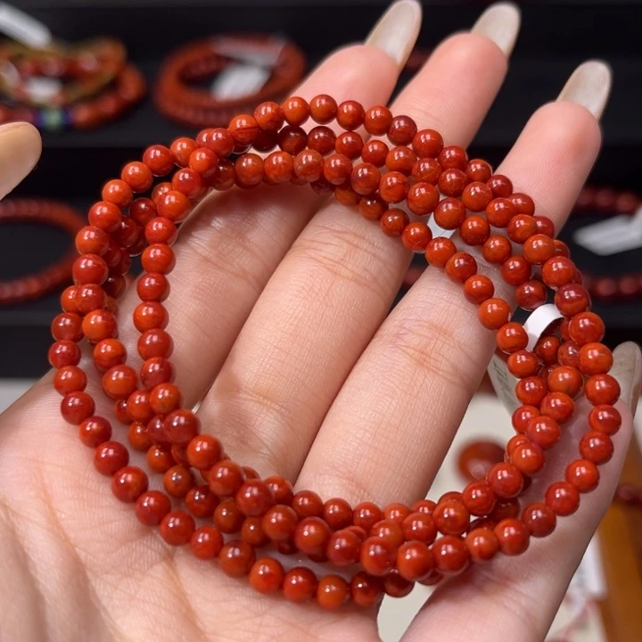 南红玛瑙未镶嵌手链原矿满肉柿子红火焰4mm圆珠多圈