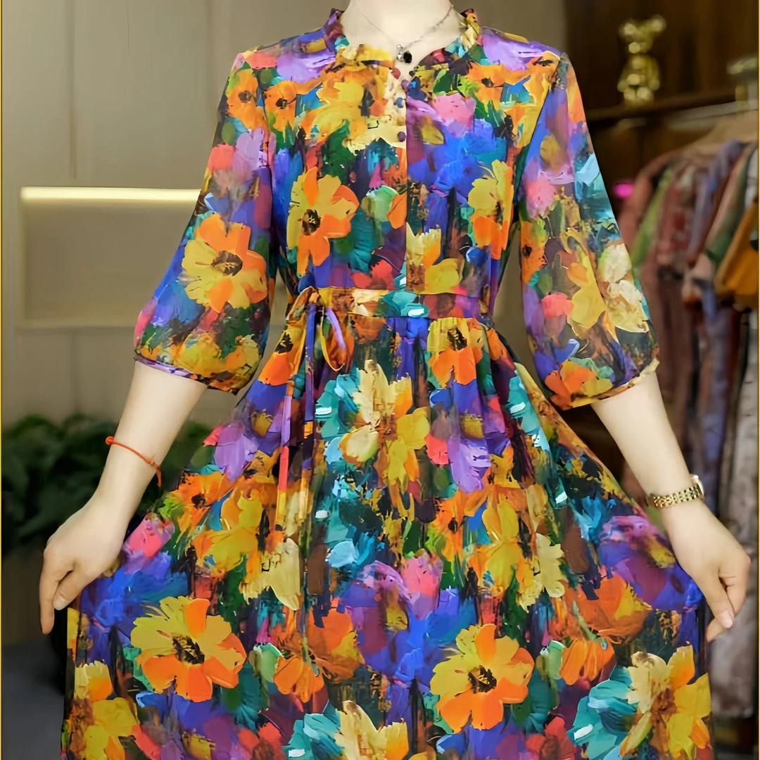 A-25143时尚有抽绳连衣裙荷叶领油画花