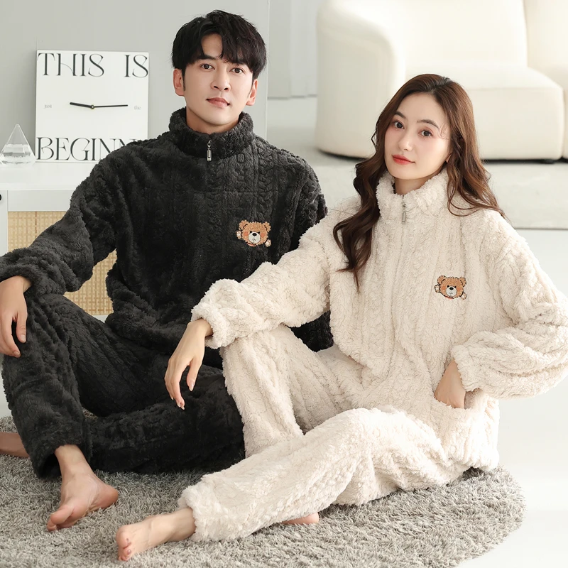 加绒加厚情侣睡衣珊瑚绒秋冬季保暖可外穿男女2025新款家居服套装