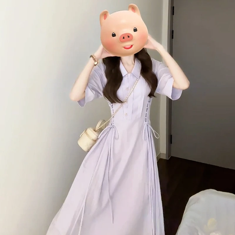 2025新款法式温柔紫色衬衫连衣裙女夏季初中高中学生气质收腰长裙