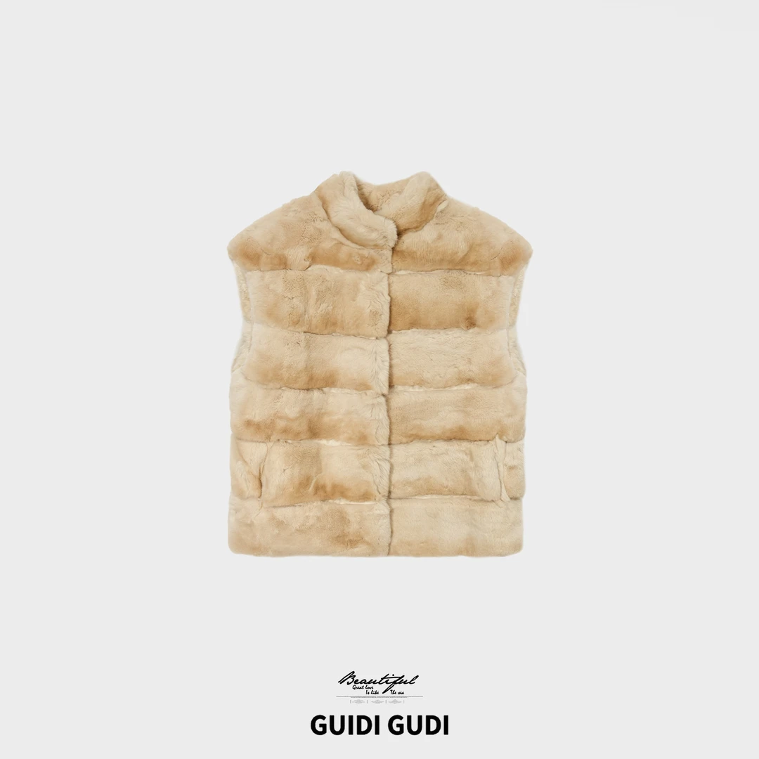 GUIDI GUDI【牛奶海】时尚毛毛贵妇气质条纹马甲外套/黄加蓝