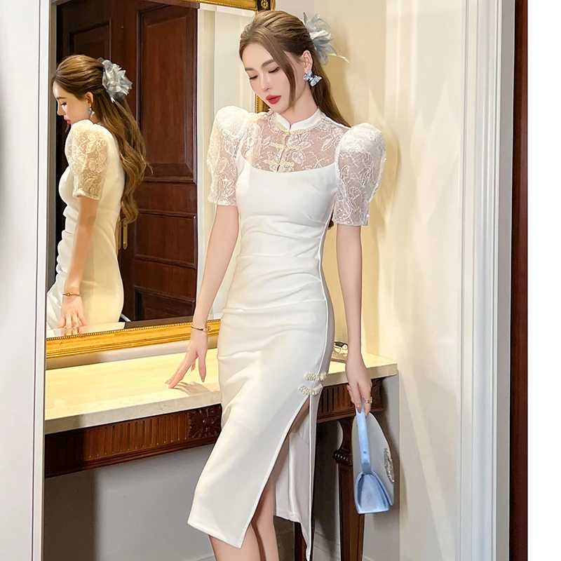 新款蕾丝礼服气质白色复古修身显瘦法式名媛时尚连衣裙21175