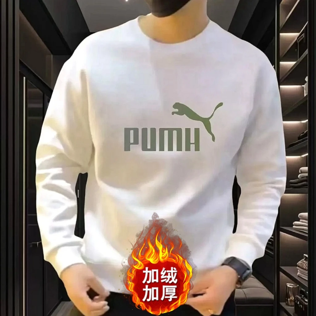 秋冬季男士时尚圆领卫衣加绒加厚印花长袖套头休闲运动上衣