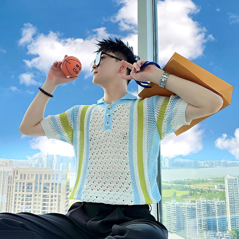 polo衫男士短袖t恤夏季薄款拼色条纹镂空半袖体恤高级感男装衣服