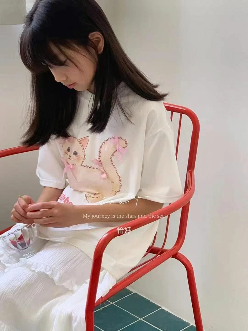 小猫咪休闲女夏季卡通休闲风套头套装大童百搭韩版印花时尚女童