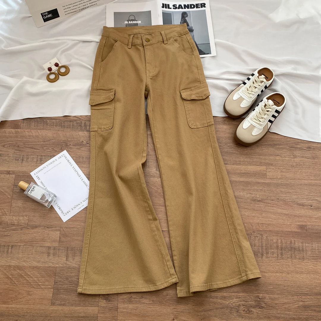 卡其色阔腿牛仔裤女秋季2025年新款高腰显瘦宽松不贴腿喇叭拖地裤