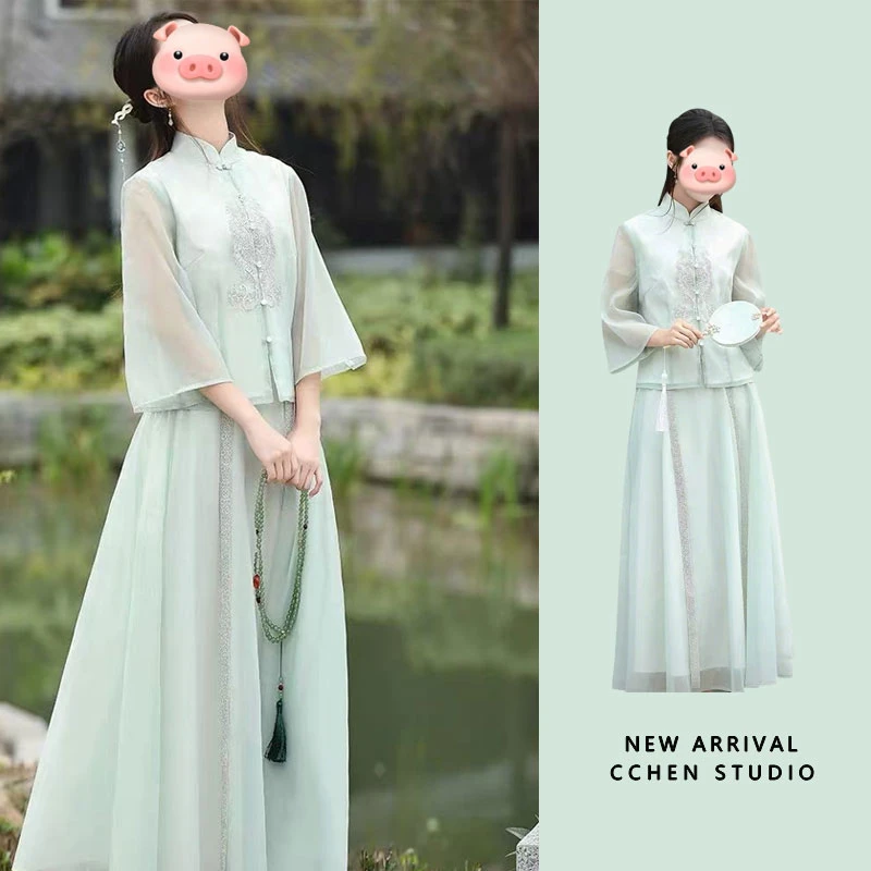 CCHEN STUDIO夏季仙气茶艺师服装古风学生禅意日常上衣裤子两件套