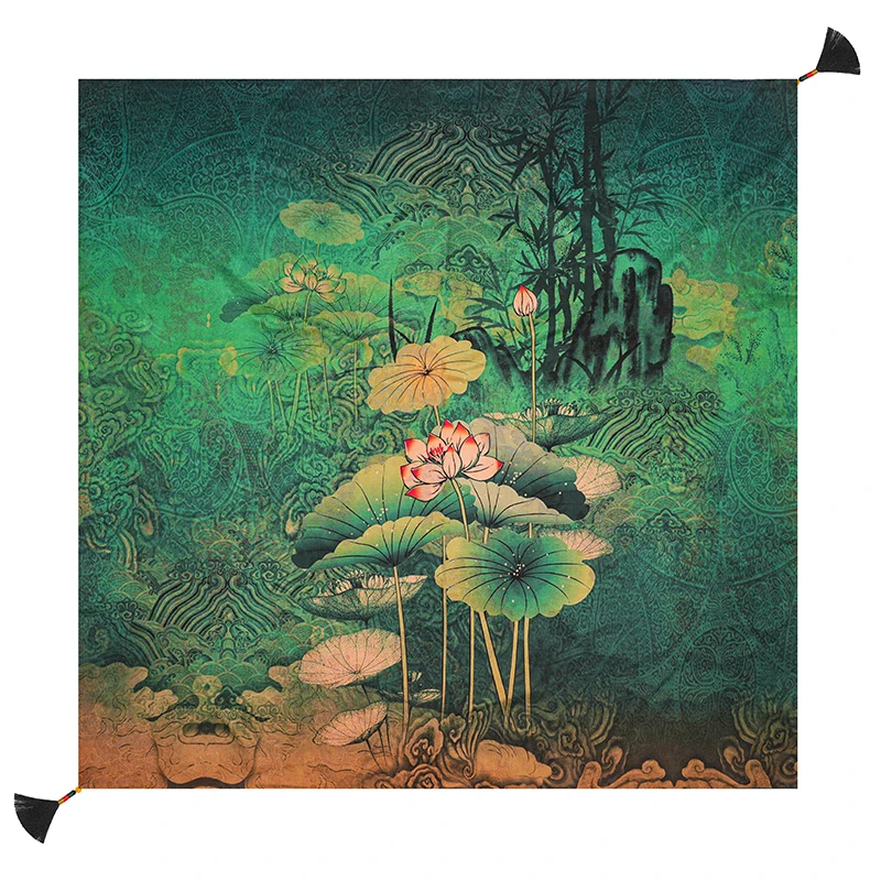 绞罗【绿荷 】106*106香云纱老料桑蚕丝披肩丝巾大方绿色荷花围巾