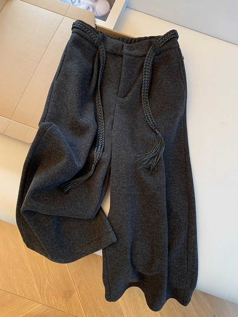 加绒加厚毛呢格子裤女秋冬新款时尚窄版阔腿裤百搭高腰遮胯长裤潮