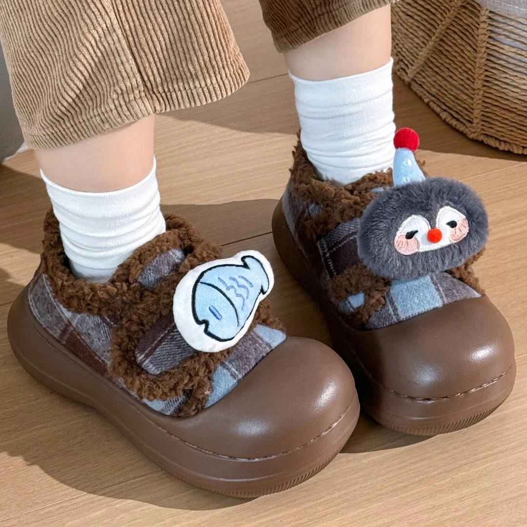 猫力格子面包鞋复古撞色棉鞋女时尚冬季户外保暖魔术贴毛毛鞋棉鞋