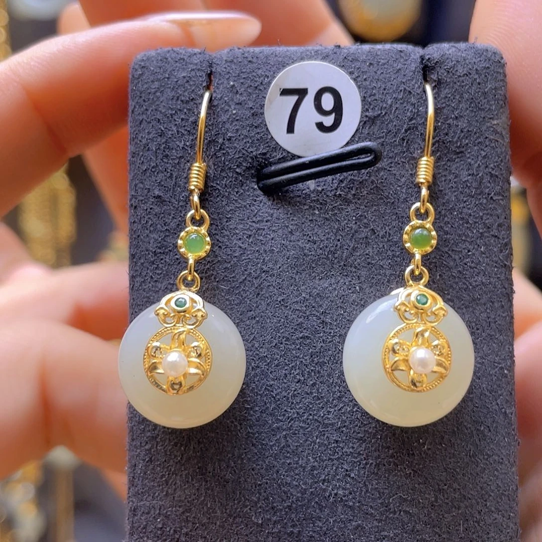 和田玉银S925镀金镶嵌耳饰